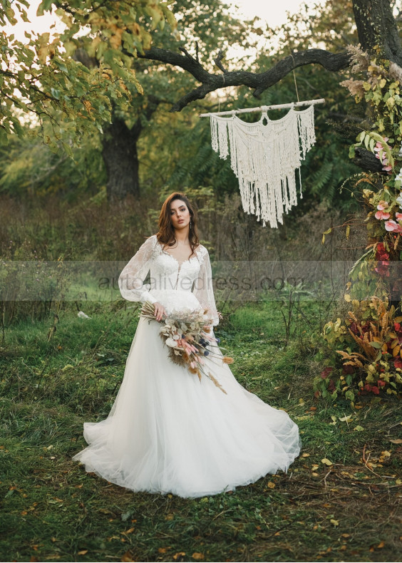 Long Sleeves Ivory Lace Tulle Sweet Wedding Dress